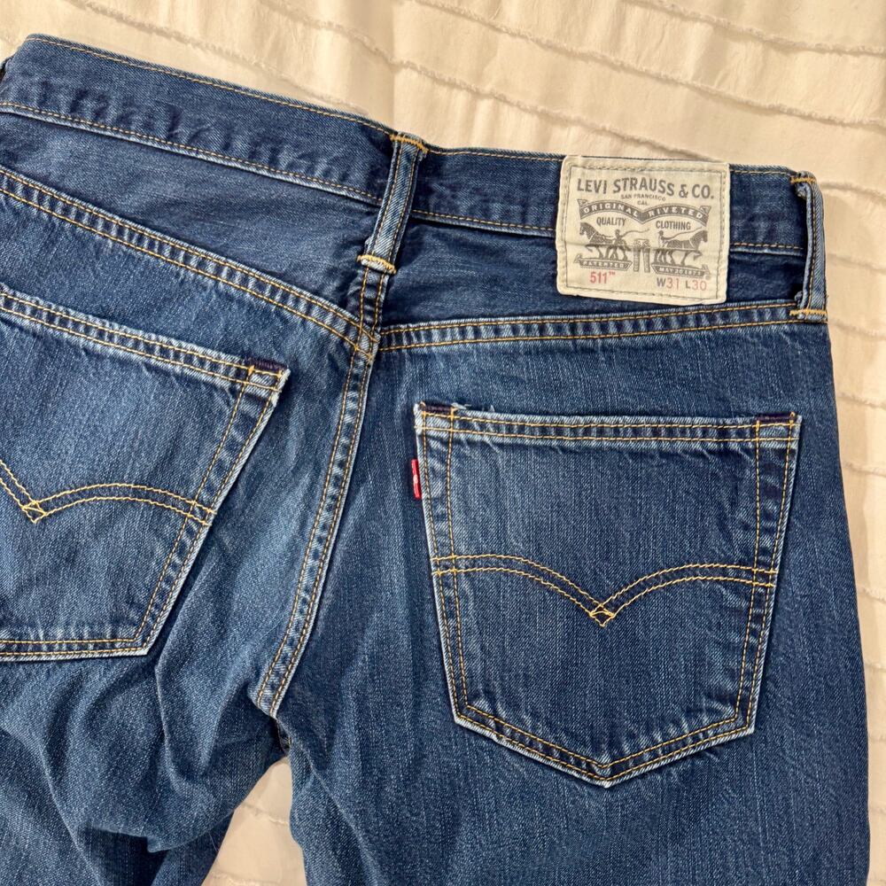 Levi's 511 Slim Fit Jeans W31 L30 Dark Rinse Mid Rise Straight Leg Americana - Picture 3 of 14